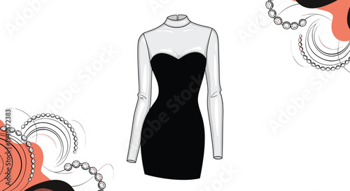 Elegant black cocktail dress with transparent long sleeves and high neck collar shown on minimalist abstract background.