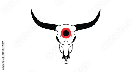 Cow skull with black horns and red target symbol on the forehead isolated on plain white background for design.