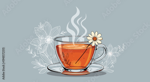 Relaxing cup of hot herbal tea with steam and a daisy flower decoration on a floral pattern background for wellness.