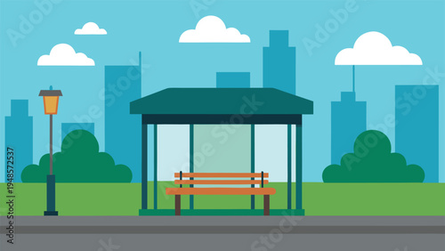 A public bus stop shelter with a wooden bench situated on a sidewalk next to green bushes with a blue city skyline in the background.