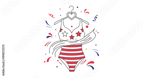 Red white and blue swimsuit with stars and stripes pattern hanging on a heart shaped hanger with festive confetti.