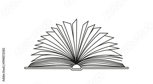 Black and white line art illustration of an open book with many pages fanning out in a semi-circular shape for study.