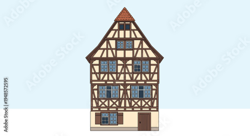 Traditional European half-timbered building with multiple floors and brown beams against a light blue sky background.
