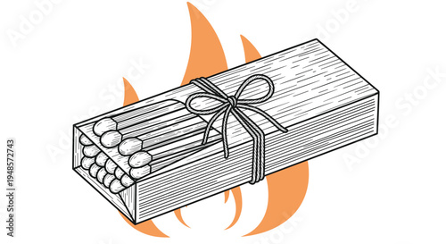 Box of matches tied with a string shown against an orange flame backdrop for fire starting concept and safety theme.