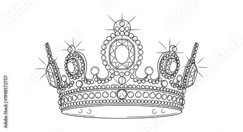 Elegant sparkling crown with large central diamond and smaller gems drawn in a clean line art style for royal themes.