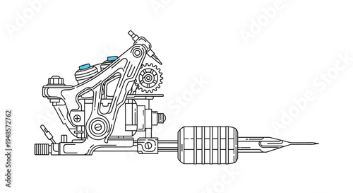 Professional tattoo machine or gun shown in a detailed side view line art illustration for artists and collectors.