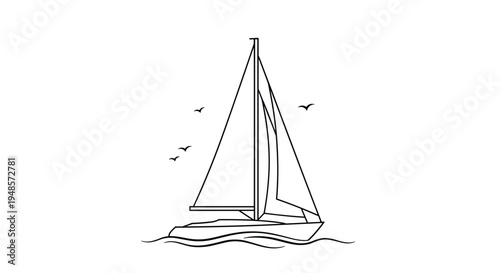 Simple line art drawing of a sailboat traveling on ocean waves with birds flying in the background for travel theme.