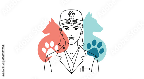 Professional female veterinarian portrait with dog and cat silhouettes and paw prints in the background for clinic.