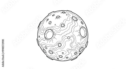 Stylized hand drawn moon or asteroid showing numerous craters and textured surface patterns as a simple black and white line art globe.