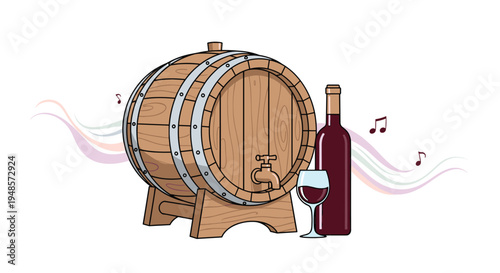 Traditional wooden wine barrel standing next to a bottle of red wine and a full glass with musical notes floating in the air.