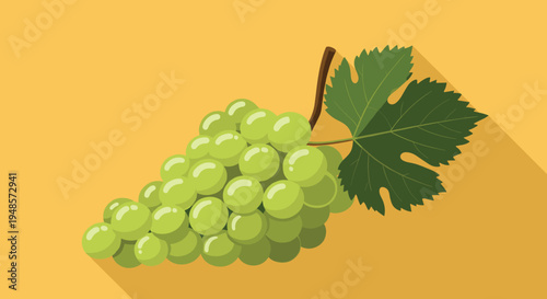 Large bunch of ripe green grapes with a single leaf shown in a flat design style with a long shadow on a yellow background.