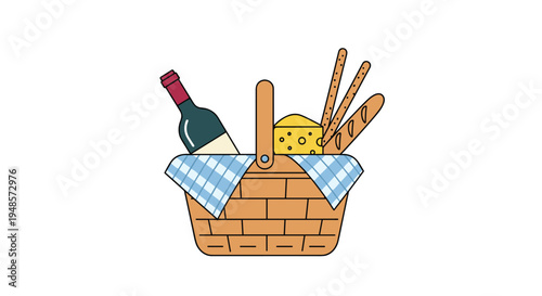 Woven picnic basket filled with a bottle of wine cheese and fresh bread sticks resting on a blue checkered cloth for outdoor dining.