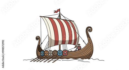 Ancient viking longship with a striped sail and shields along the hull sailing across the ocean waves under a small red flag.