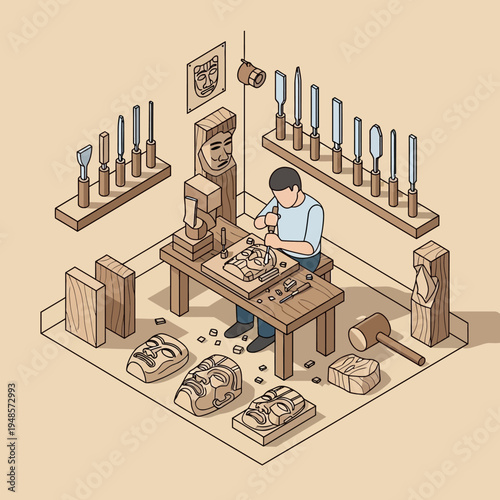 Isometric illustration of a wood carver working in his workshop, surrounded by tools and masks.