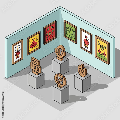 Isometric illustration of an art gallery interior with paintings and sculptures on display.