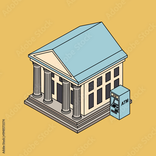 Isometric illustration of a bank building with an ATM machine on a yellow background.
