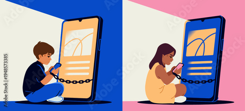 Children with digital addiction. Little boy and girl glued to their smartphone screens. Teenagers using digital devices uncontrollably and scrolling social media. Flat vector illustration collection