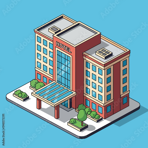 Isometric illustration of a modern hotel building with a glass entrance and surrounding landscaping.