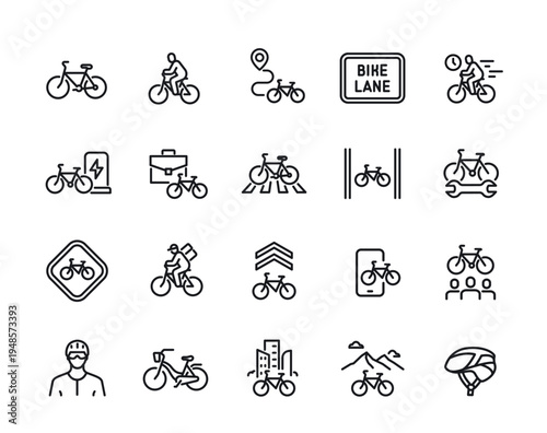 Bicycle line icon set. Simple symbols with bike, protective helmet, courier on bike, electric bicycle and cycling route. Editable stroke. Outline vector illustration collection isolated on background