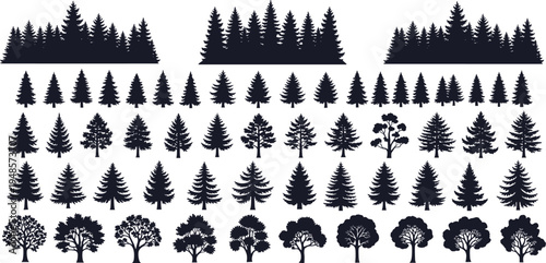 Large Set of Black Tree Silhouettes and Forest Horizons, Coniferous and Deciduous Pine Timber Wood Icons Isolated on White Background