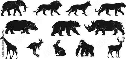 Large set of wild animal silhouettes including elephant lion bear and giraffe, vector illustration isolated on white background for zoo nature design