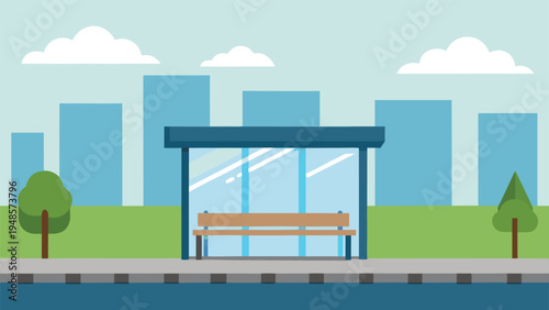 A blue bus stop shelter with a wooden bench sits on a grey sidewalk between two green trees in front of a blue city skyline.