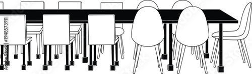 Line art illustration of modern office chairs with square and round backs arranged around a long boardroom table for meeting.