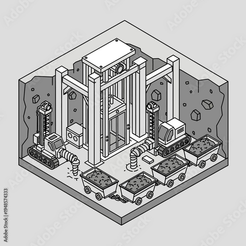 Isometric illustration of a mine shaft with machinery and ore carts.