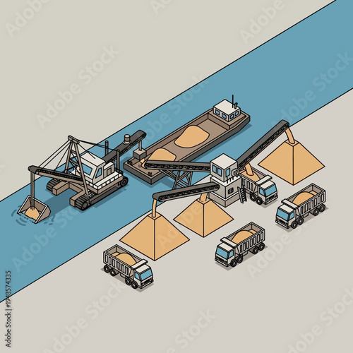 Isometric illustration of a dredging operation, loading sand onto a barge and trucks.