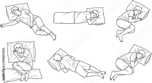 Man sleeping in various bed positions set, line art vector illustrations of male character resting in bedroom, isolated on white,