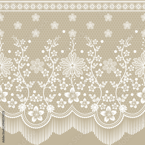 Elegant lace pattern with floral ornaments on honeycomb geometric background. Delicate vintage lace border in soft beige tones, perfect for textile, fabric prints, wallpaper, and decorative surface 