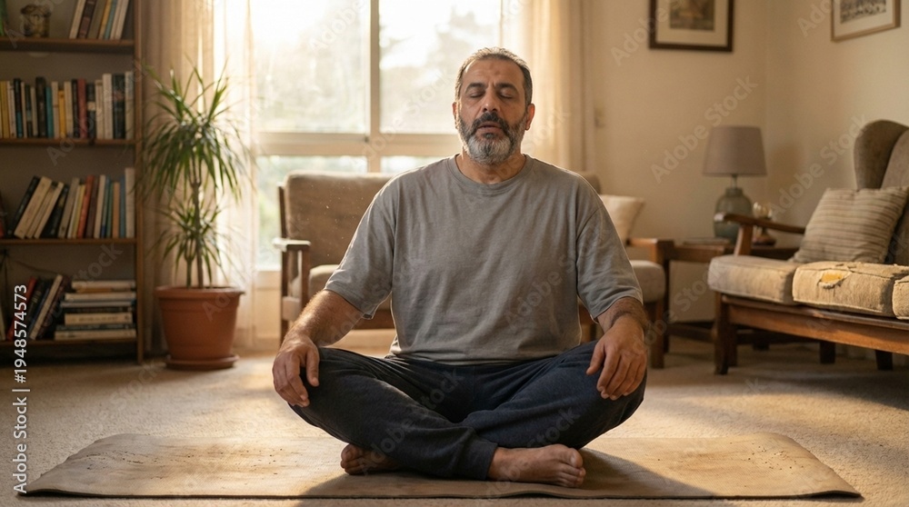 Fototapeta premium Middle aged man meditating cross legged on living room rug, calm mindful morning light through window, home wellness routine for stress relief and balance