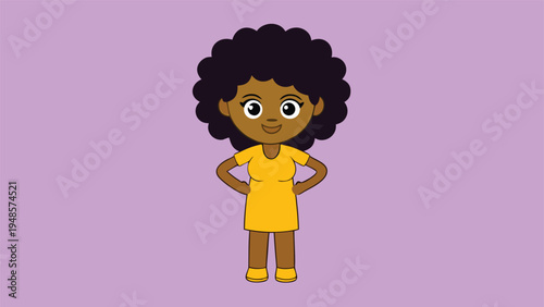 A woman with a large dark afro and a yellow short-sleeved dress stands with her hands on her hips against a light purple background.