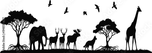 Mixed wildlife silhouette landscape with elephant, giraffe, moose, deer, and wolf under acacia trees, safari nature scene on white background.