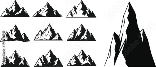Mountain peak silhouette set with various alpine summits and rocky heights vector illustration for outdoor adventure climbing and nature branding design