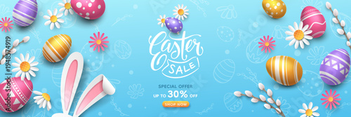 Festive horizontal Easter sale banner with text, realistic 3D painted eggs, paper flowers, bunny ears, and willow branches on a blue background. Vector holiday template for seasonal promotion offers.
