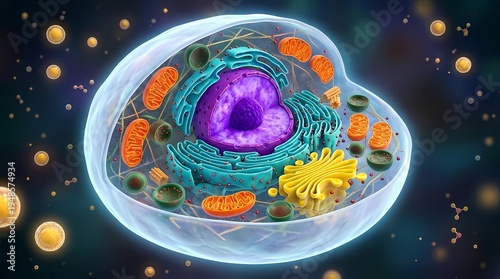 Detailed 3d cutaway illustration of a cell's internal structure reveals organelles and nucleus in vibrant colors against a dark background
