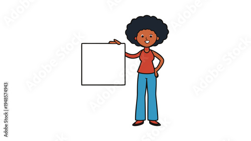A woman with a large black afro wearing a sleeveless red top and blue jeans holds a blank white square board on a white background.