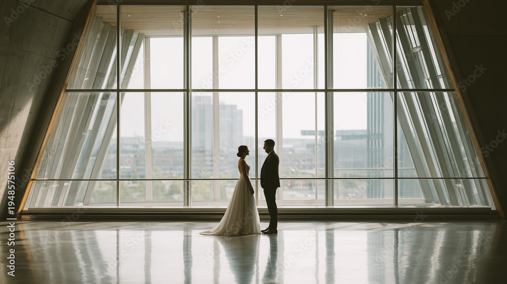 Fototapeta premium romantic bride and groom silhouette standing by large window in modern wedding venue, elegant wedding couple portrait in bright architectural interior, bride and groom facing each other in modern glas