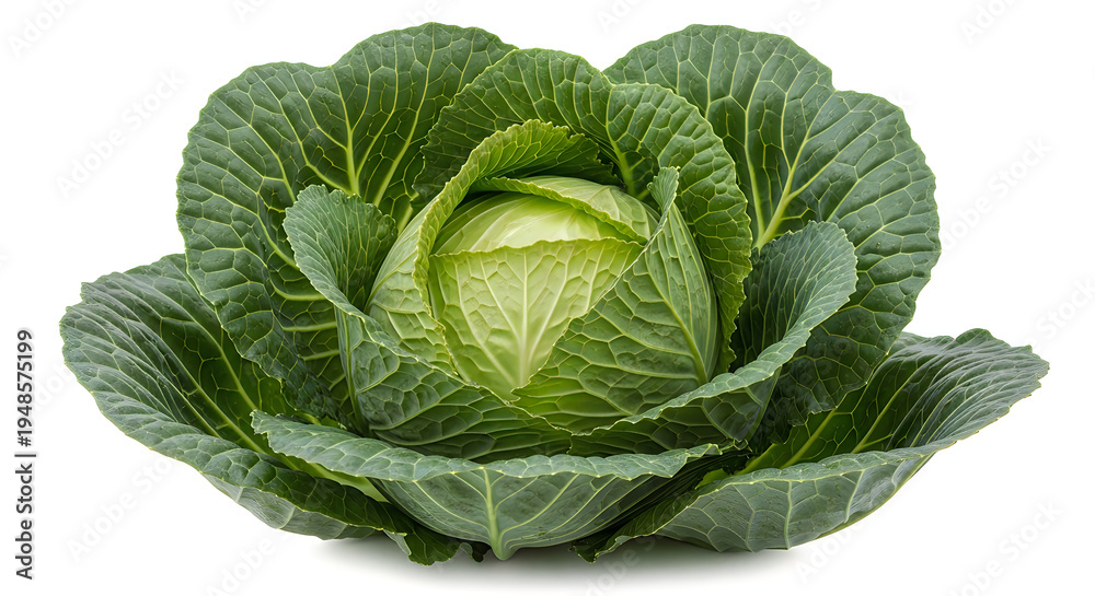 Obraz premium Cabbage, a vibrant green vegetable, stands freshly harvested and ready for culinary use, showcasing its natural texture and crisp leaves against a clean backdrop.