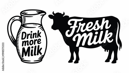 Black outline drawing of a pitcher and a cow promoting fresh milk