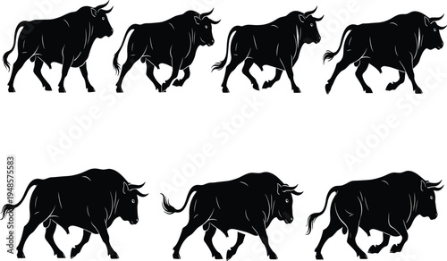 Powerful Bull Silhouette Vector Set, Charging Ox and Cattle Poses, Strong Male Cow Livestock Graphics, Farm Animal Nature Design Elements,