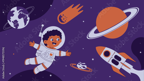 Cartoon boy astronaut floats in space with planets and rocket