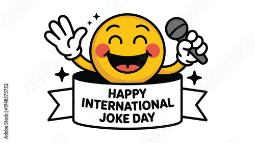 Cheerful emoji character holding microphone with Joke Day banner