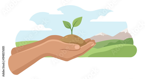 Young plant growing in soil held by human hands symbol of eco friendly living sustainability