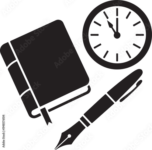 Essential items for daily planning and learning: notebook, pen, clock