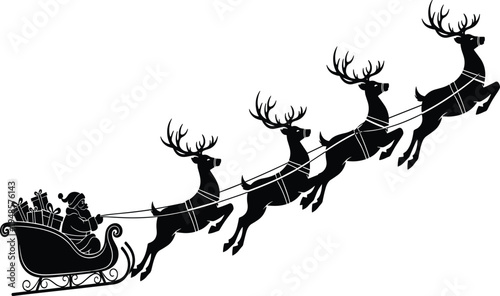 Santa Claus Sleigh Reindeer Silhouette Vector, Christmas Eve Flying Reindeer with Gifts, Holiday Winter Celebration Graphics, Festive Season Night Sky Stencil