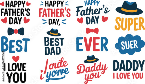 Happy Fathers Day typography with icons and phrases