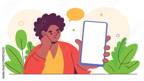 A woman with a large afro resting her head on her hand holds up a large smartphone with a blank white screen among green plants.