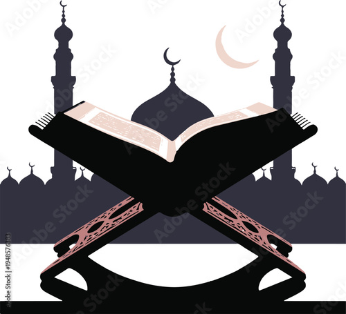 Islamic holy book on wooden stand with mosque minarets at night time